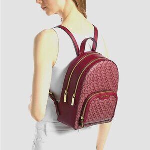 New Michael Kors Jaycee Medium Signature Logo Backpack Cherry